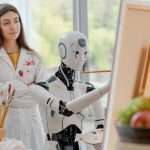 Un robot doté d'intelligence artificielle apprend à peindre sur toile dans un atelier d'art, sous la supervision d'une jeune professeure.